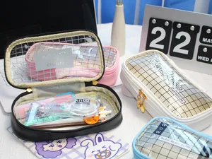 Korean minimalist transparent pencil case cute clear grid stationery pouch for students.