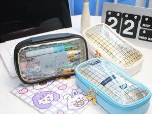Transparent grid pencil case cute student stationery bag multi-color large capacity pouch