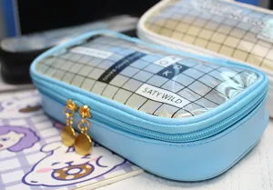 Korean minimalist transparent pencil case cute clear grid stationery pouch for students