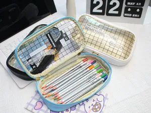 Transparent grid pencil case cute student stationery pouch large capacity zipper pen bag