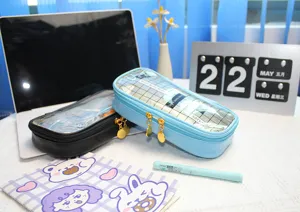 Clear pencil case with double zipper, aesthetic student stationery pouch for school use.