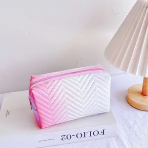 Pink and white gradient cosmetic bag detail, featuring stylish chevron quilting and zip.