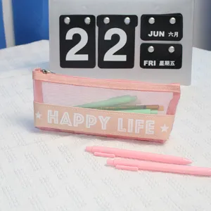 Pink transparent mesh pencil case large capacity student stationery pouch cute school supply