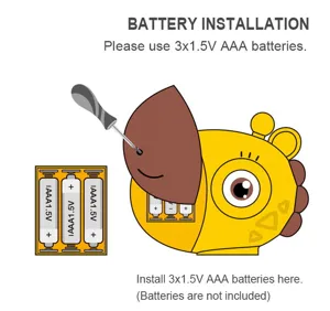 Detailed instruction graphic showing battery installation for the cute giraffe card reader toy.