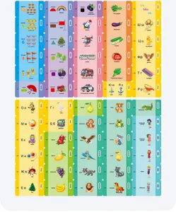 Russian learning cards detail view showing colorful alphabet numbers animals fruits and transport for kids.