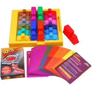 IQ car traffic puzzle board game set with colorful cars, challenge cards and grid.