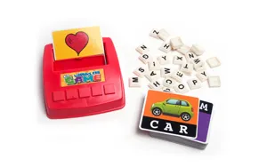 Kids English literacy flashcard game set with red card reader and letter spelling puzzle blocks.
