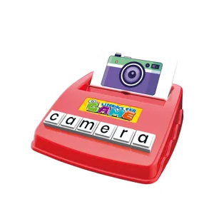 Detailed display of English word spelling learning toy featuring picture card and letter blocks.