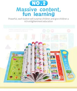 Detail view of the interactive electronic audio book with colorful pages and sound buttons.