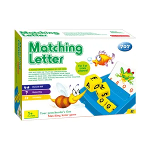 Detail view of the children educational letter matching board game packaging box and components.