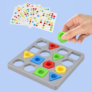 Children shape matching logic game toy set featuring colorful geometric blocks and puzzle cards.