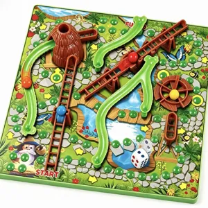 Vista dettagliata del gioco da tavolo 3D serpente con piste colorate, dadi e ostacoli interattivi.