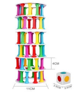 Detalles del juego de bloques de equilibrio de torre, pilares coloridos y juego de dados.
