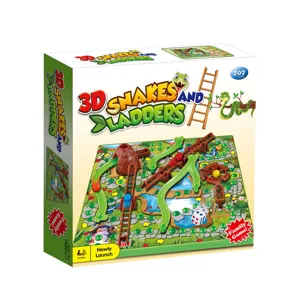 Vista dettagliata della confezione del gioco da tavolo 3D serpenti e scale con giocattoli.