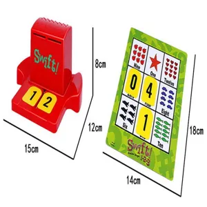 Jeu de bingo éducatif pour enfants ensemble avec console rouge et carte de jeu verte.