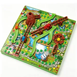 Gioco da tavolo 3D con scale e serpenti per bambini, con scivoli e dadi colorati.
