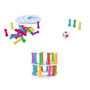Juego de construccion y equilibrio infantil con columnas de colores y anillos para juegos de mesa.