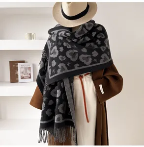 Automne hiver écharpe jacquard double face léopard cœur vintage franges châle chaud femme