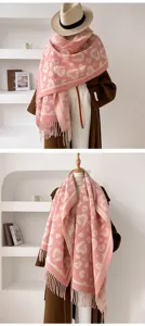 Hiver femme jacquard motif coeur leopard franges confortable douce echarpe chale cape.