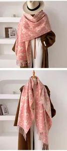 Roze dubbelzijdig abstract hart patroon franje sjaal, dikke warme retro winter omslagdoek.