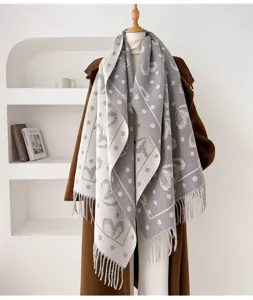 Dubbelzijdige abstracte hartjes sjaal met franjes, dikke warme wintersjaal voor dames.
