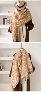 Écharpe jacquard léopard et cœur rétro pour femme, grand châle d'hiver chaud avec franges chic.