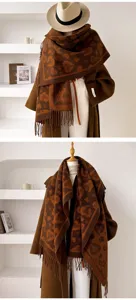 Retro marron leopard coeur jacquard echarpe franges grand chale chaud hiver automne foulard
