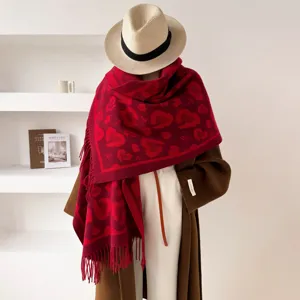 Automne hiver femmes jacquard léopard cœur écharpe rétro élégant franges châle chaud cache-cou