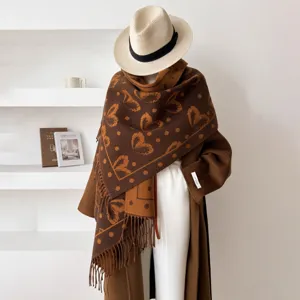 Dames Sjaal Retro Maillard Stijl Dubbelzijdig Abstract Hartpatroon Franjes Winter Dik Warm Omslagdoek Garengeverfd Polyester