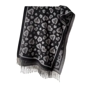 Femme hiver chaud léopard cœur jacquard frange écharpe style rétro épais châle wrap
