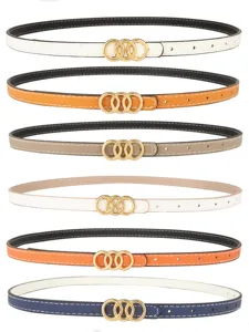Detailed view of slim women leather belts featuring stylish interlocking three ring gold buckles.