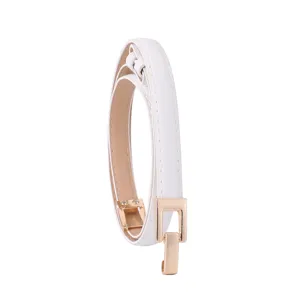 White thin women belt with golden geometric buckle, perfect dress accessory 1.4cm width slim.