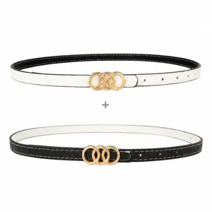 Womens reversible thin belt with gold triple ring buckle stylish leather dress waist belt