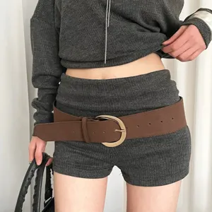 Retro brown suede wide belt for women featuring a stylish gold-tone round pin buckle detail.
