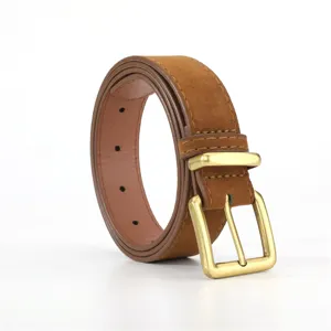Retro brown suede women's belt with a stylish solid gold buckle for jeans and skirts.