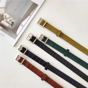 Women retro crocodile pattern leather belt with gold square buckle, casual fashion jeans waist belt.