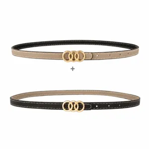 Women's reversible thin belt with gold triple ring buckle, stylish casual waist accessory.