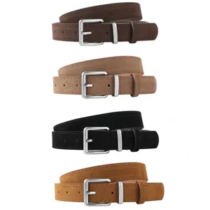 Detailed view of women's retro suede leather belts in multiple colors with silver buckles.