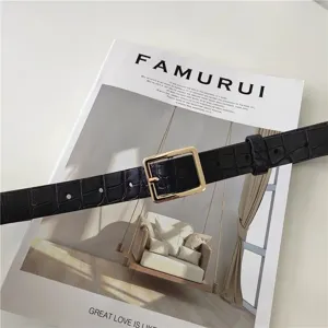 Retro crocodile pattern women's belt with gold square buckle, stylish casual daily accessory.