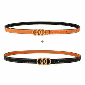 Reversible thin belt with triple gold rings, stylish women's dress accessory, chic and elegant.