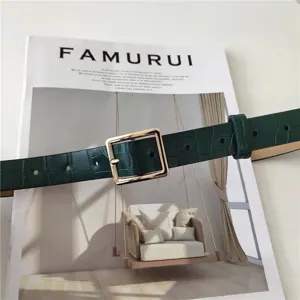 Retro crocodile pattern women's leather belt with gold square buckle casual simple design