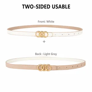 Women Reversible Thin Belt Gold Triple Ring Buckle White Grey For Casual Outfits