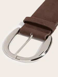 Wide brown suede women's belt with polished metal pin buckle, retro fashion coat dress accessory.