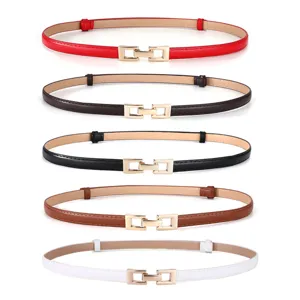 Minimalist Women Faux Leather Waist Belt Adjustable Thin Skinny Dress Belt With Gold Interlocking Buckle For Coat Suit