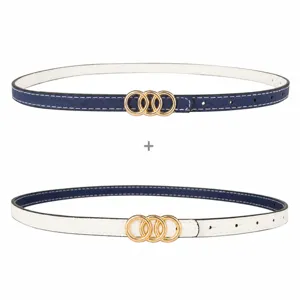 Women's thin reversible leather belt with triple gold ring buckle, simple fashion style for dress decoration.