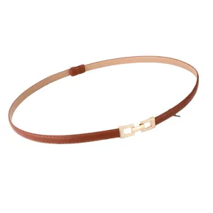 Women thin leather belt brown dress belt with gold geometric buckle slim waist accessory.