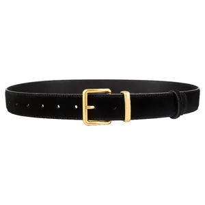 Elegant women's black suede belt featuring a stylish gold square buckle for dresses jeans.