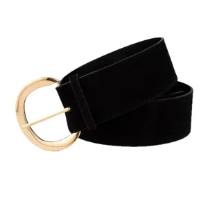 Vintage black wide belt with gold round buckle stylish suede waist cincher for women