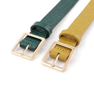 Women leather belt retro crocodile pattern square gold buckle casual jeans accessory