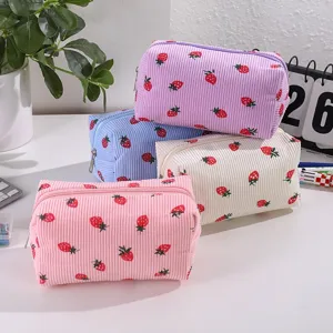 Corduroy Strawberry Cosmetic Bag Large Capacity Portable Travel Toiletry Pouch Cute Makeup Organizer Bag For Women Girls